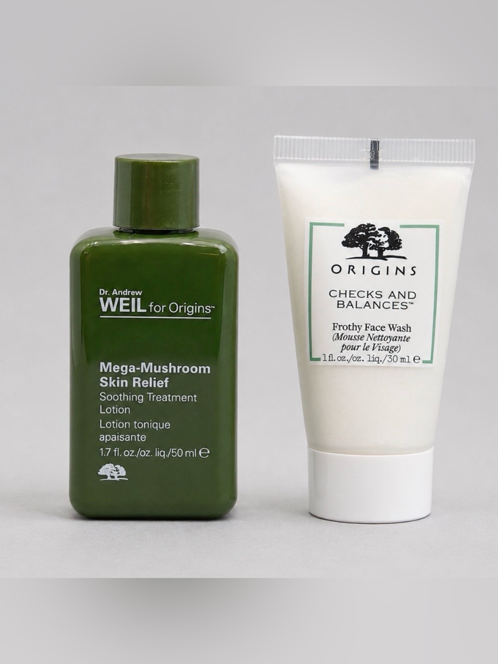 Origins Mega-Mushroom Skin Relief Lotion 1.7 oz Checks & Balances Face Wash 1 oz